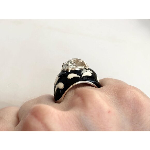 Black & White Enameled Domed Rhinestone Sterling Silver Vintage Ring - sz 5.75 - Picture 6 of 10